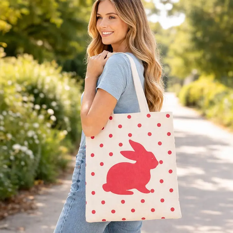 Easter Bunny Polka Dot Pattern Printed Canvas Shoulder Tote Bag 1