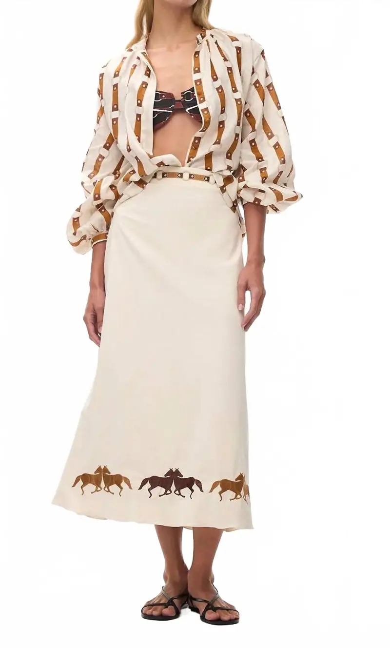 El Carmen Embroidered Canvas Midi Skirt In Ivory 1