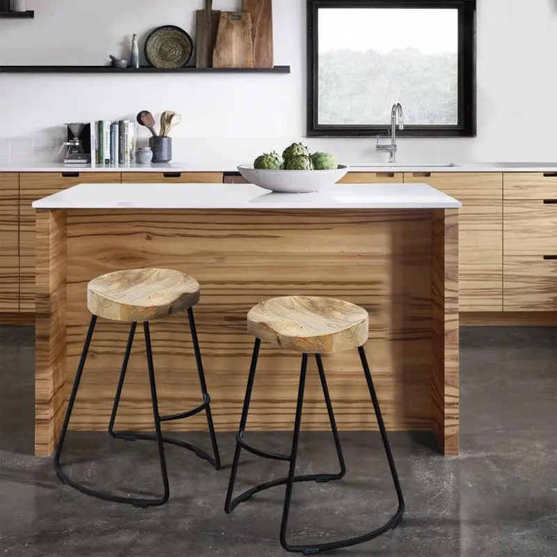 Ela 30 Inch Mango Wood Industrial Barstool, Saddle Seat, Iron Frame, Set Of 2, Brown, Black 1