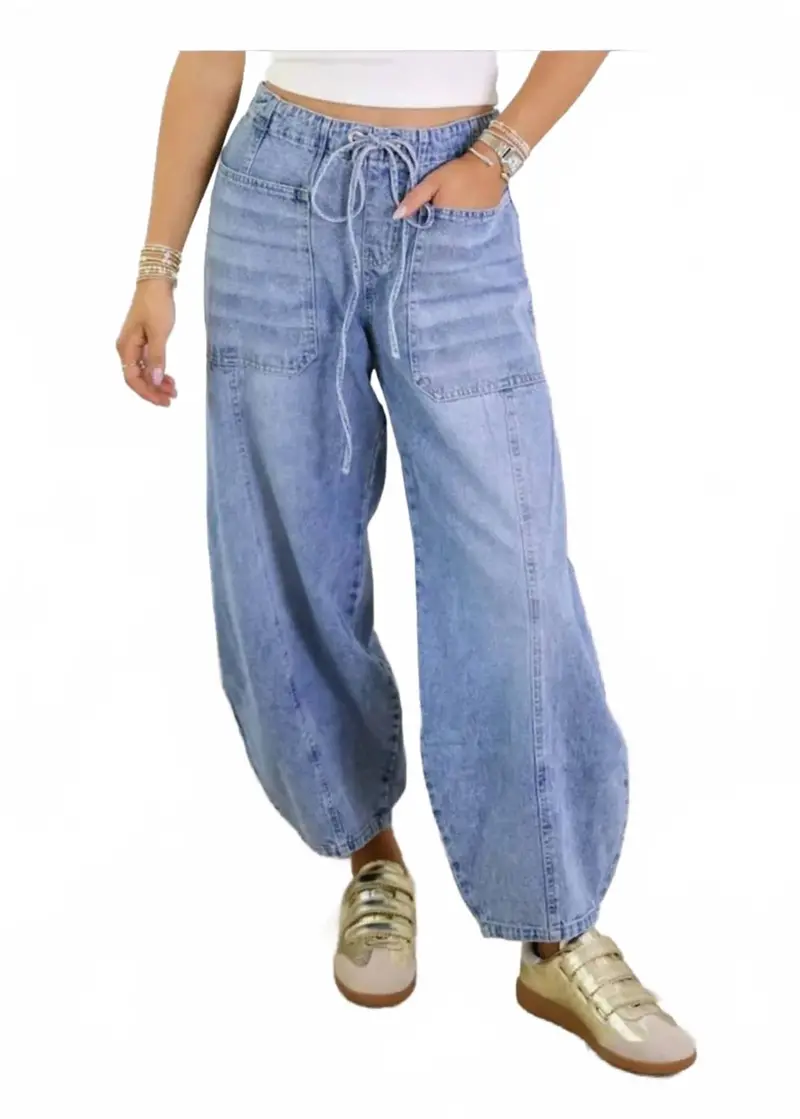 Elastic Waist String Tie Pocket Denim Pants In Light Blue 1