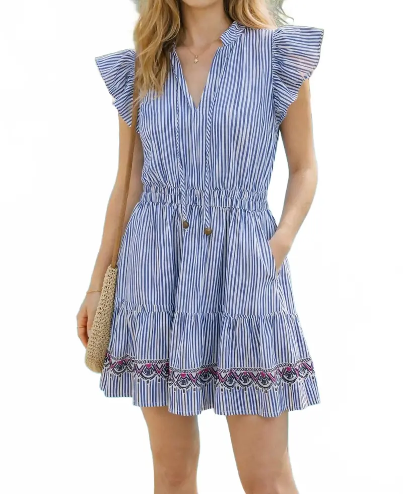 Elastic Waist Tiered Dress In Navy/White 1