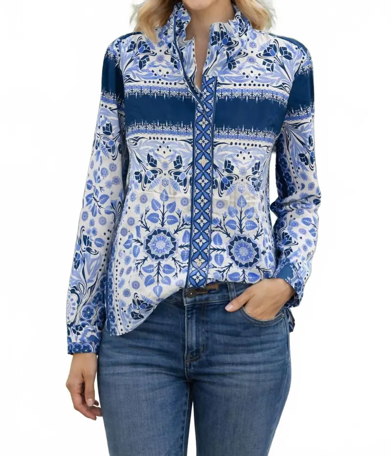 Elizabeth Long Sleeve Blouse In White/Navy 1