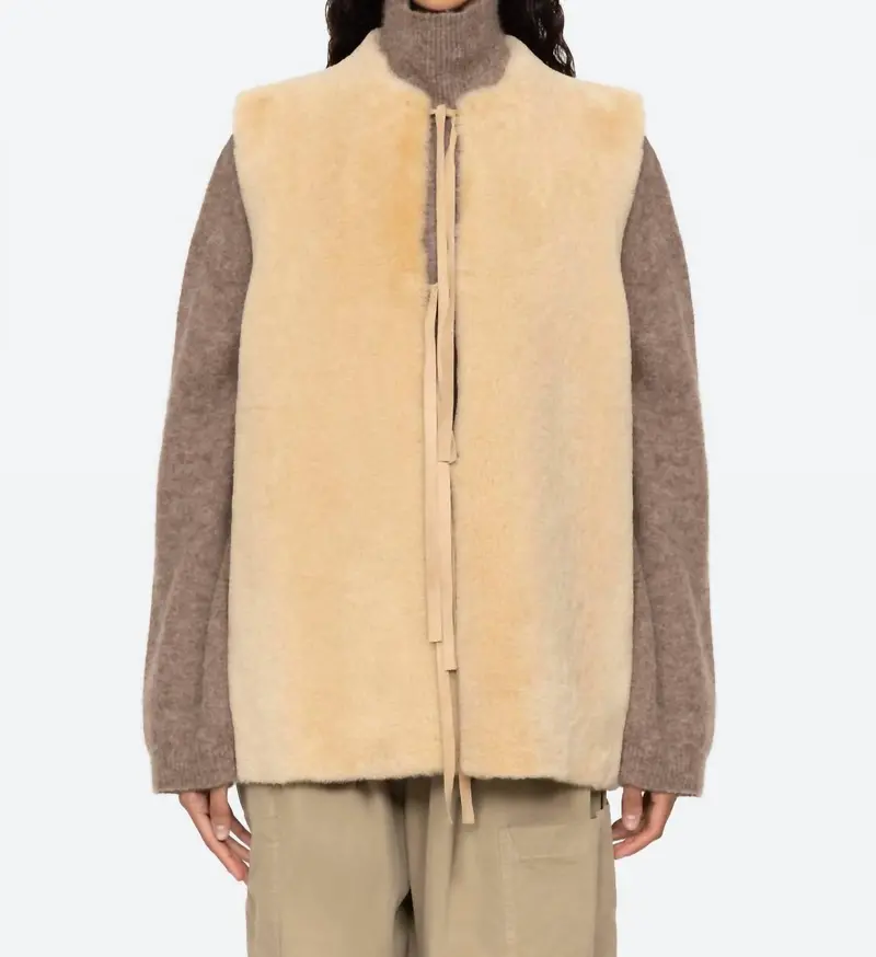 Elliot Shearling Tie-Front Vest In Beige 1