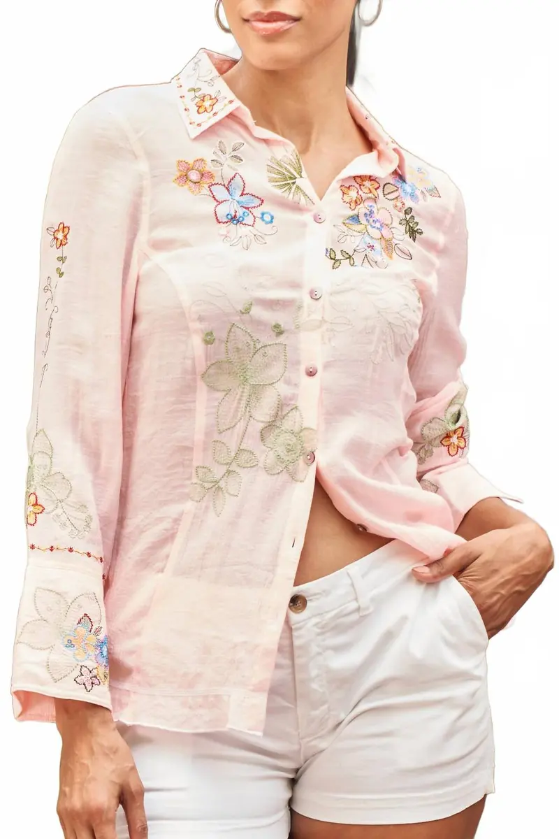 Embroidered Blouse With Wide Split Cuff In Pink 1
