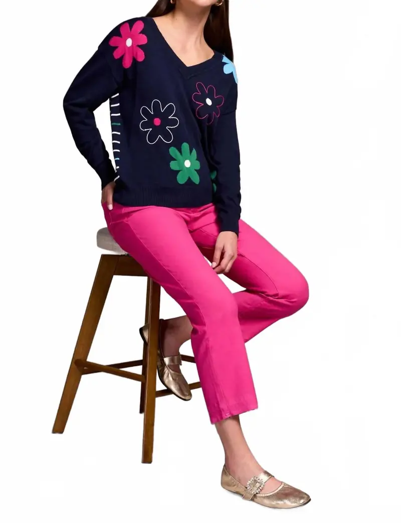 Embroidered Daisy Flowers Front Cotton Sweater In Navy 1