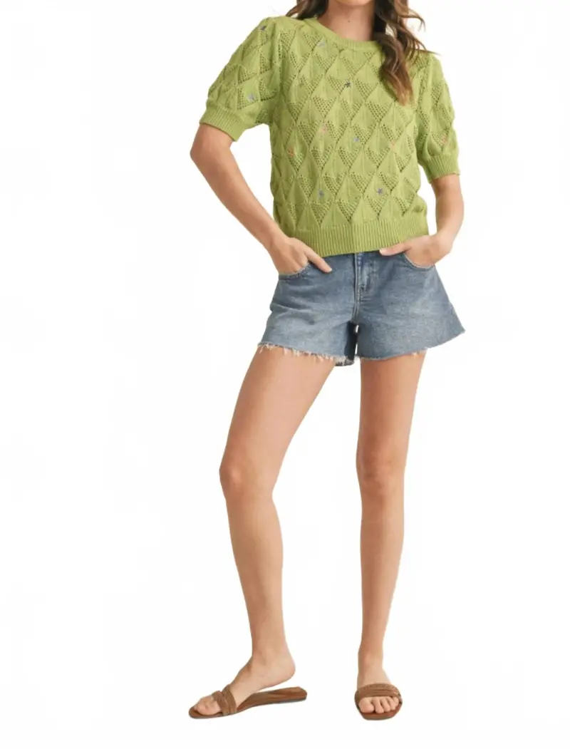 Embroidered Flower Short Sleeve Sweater In Lime 1