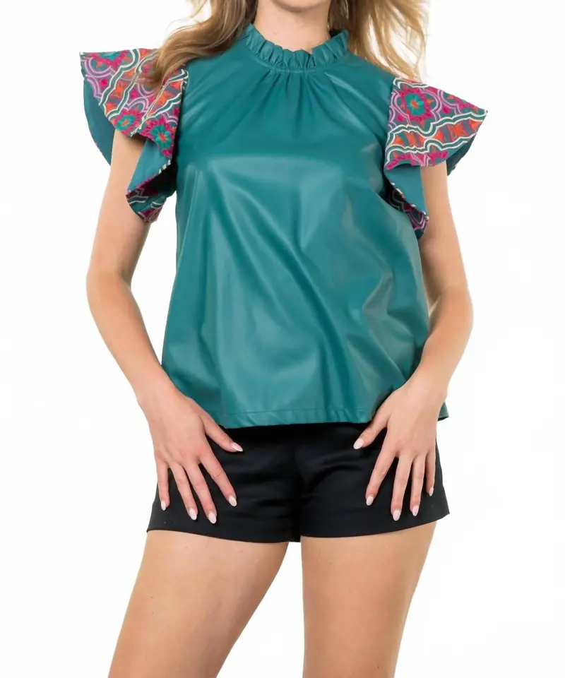 Embroidered Flutter Sleeve Leather Top In Teal 1