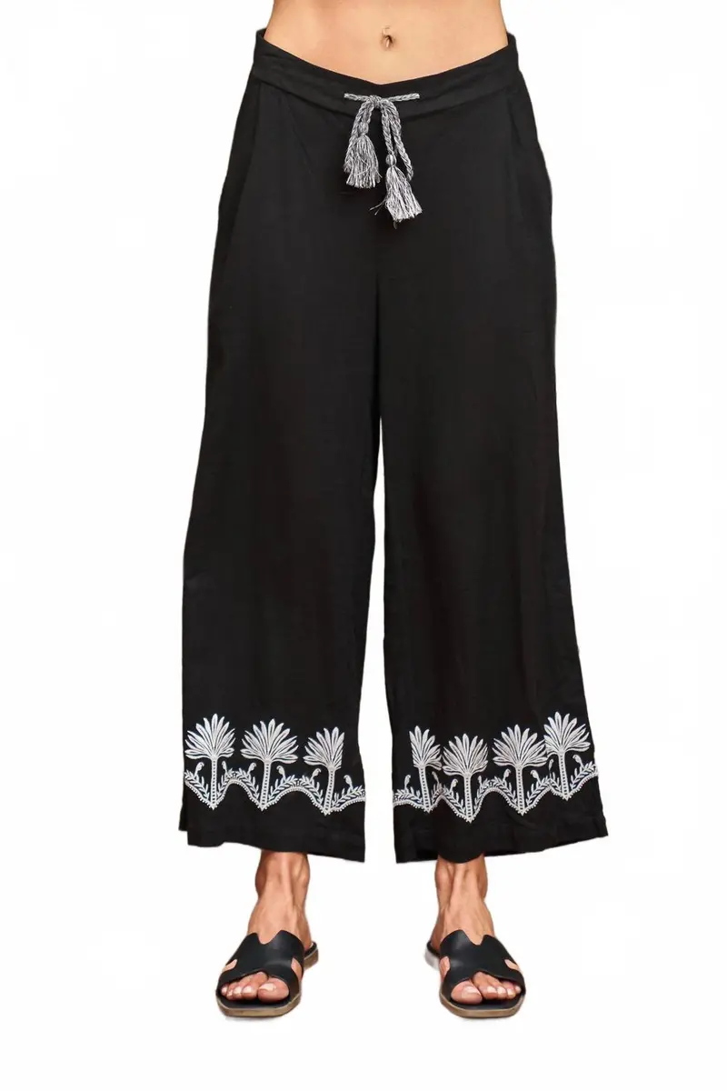 Embroidered Linen Crop Pant In Black 1