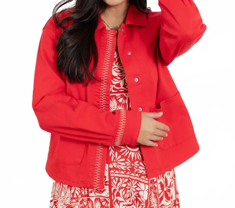 Embroidered Placket Jacket In Sangria 1