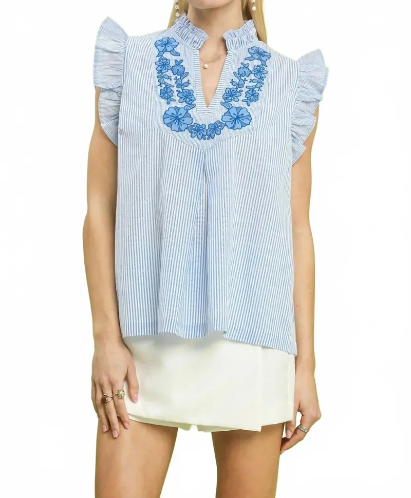 Embroidered Ruffle Sleeve Top In Blue 1