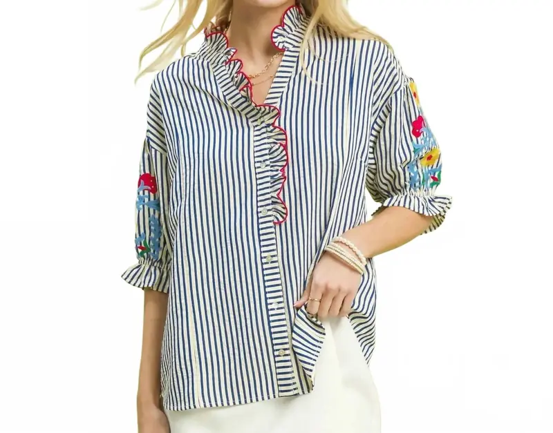 Embroidered Ruffle Trim Stripe Blouse In Blue 1