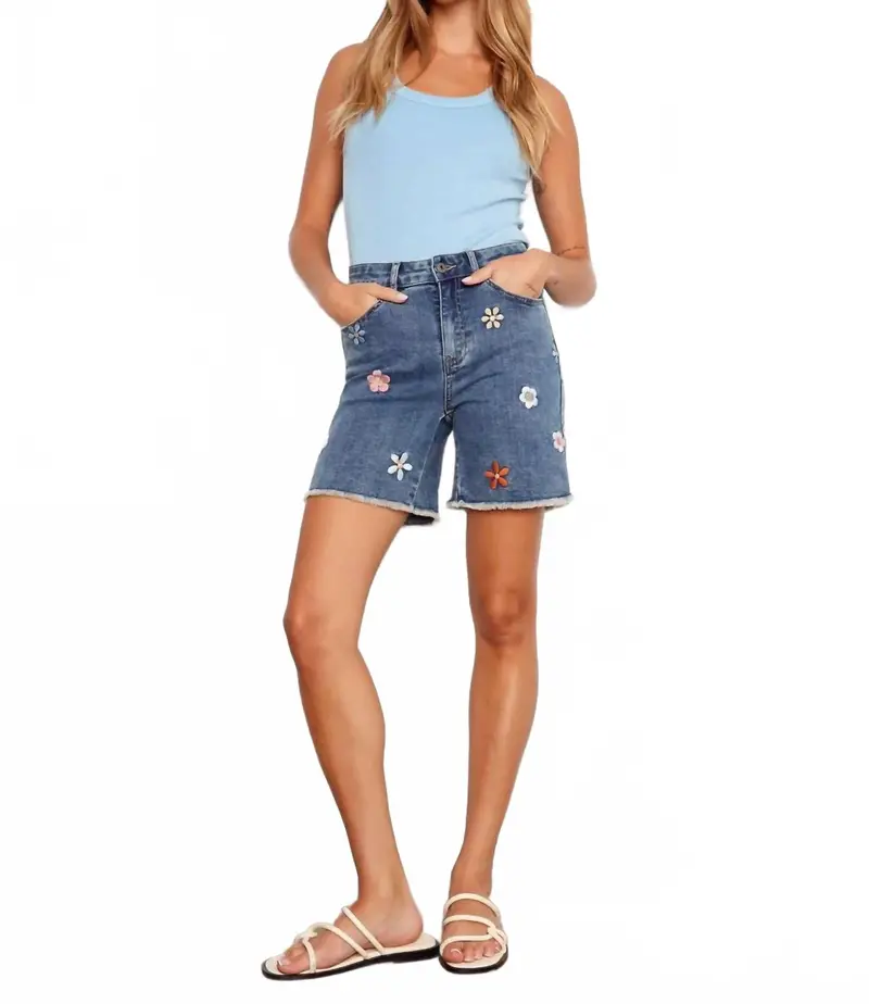 Embroidered Stretch Denim Shorts In Blossom 1
