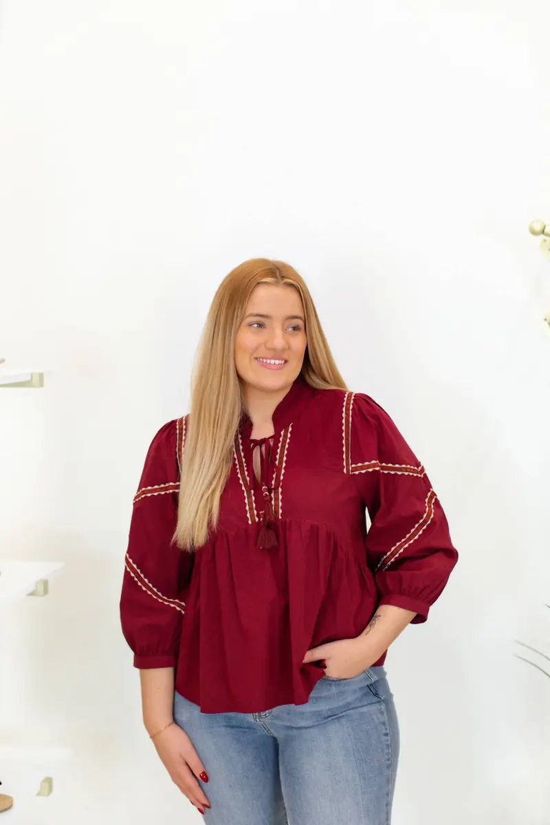 Embroidered Trim Babydoll Blouse In Burgundy 1