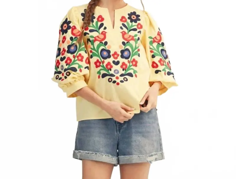 Embroidered V-Neck Woven Top In Banana Yellow 1