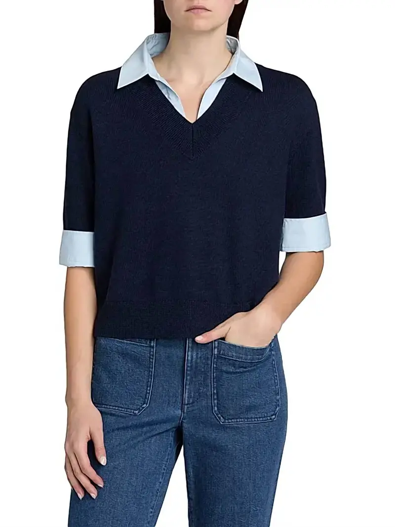 Esme Sweater Combo Top In Maritime Blue Melange Oxford 1