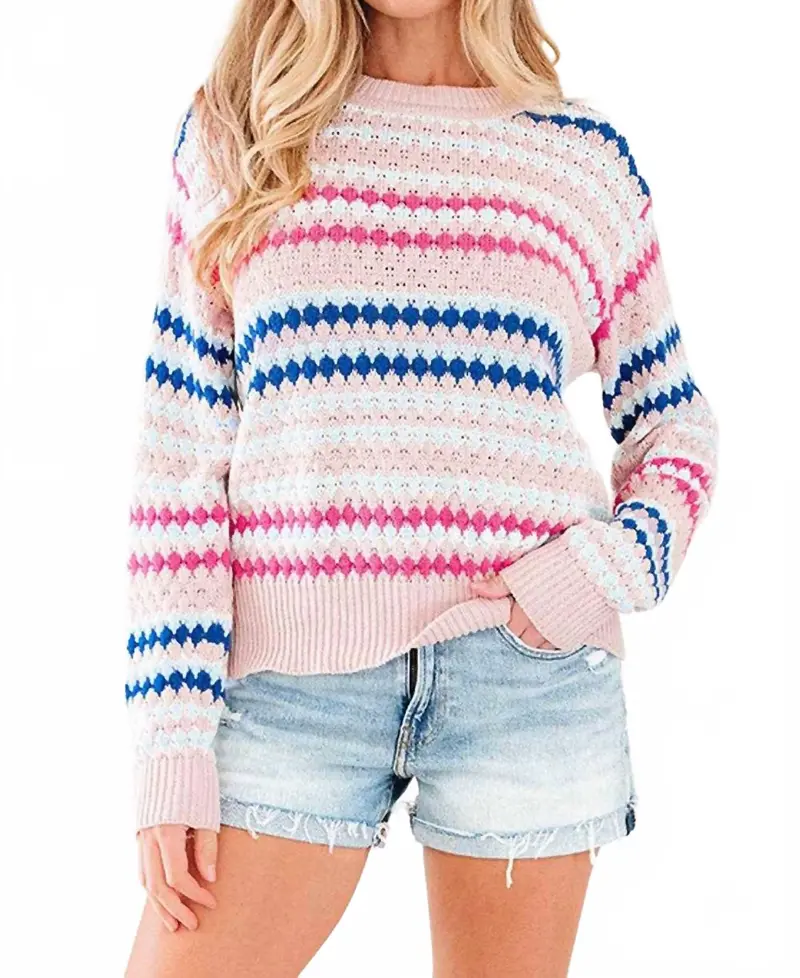 Eyelet Knit Drop Shoulder Sweater In Khaki Stripe 1