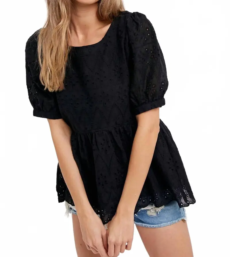 Eyelet Lace Puff Sleeve Peplum Top In Black 1