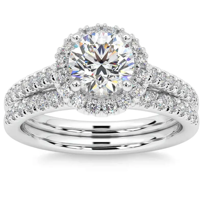 F/Vs 1.50Ct Halo Diamond Engagement Wedding Ring Set 14K Gold Lab Grown 1