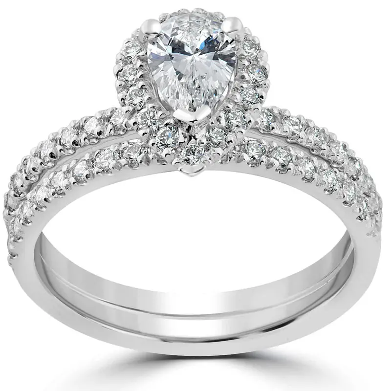 F/Vs 1.60 Ct Pear Diamond Engagement Ring Set 14K White Gold Halo Lab Grown 1
