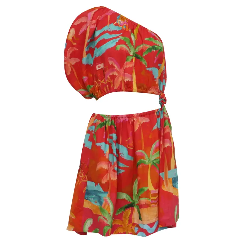 Farm Rio Ipanema One Shoulder Mini Dress In Red Linen 1