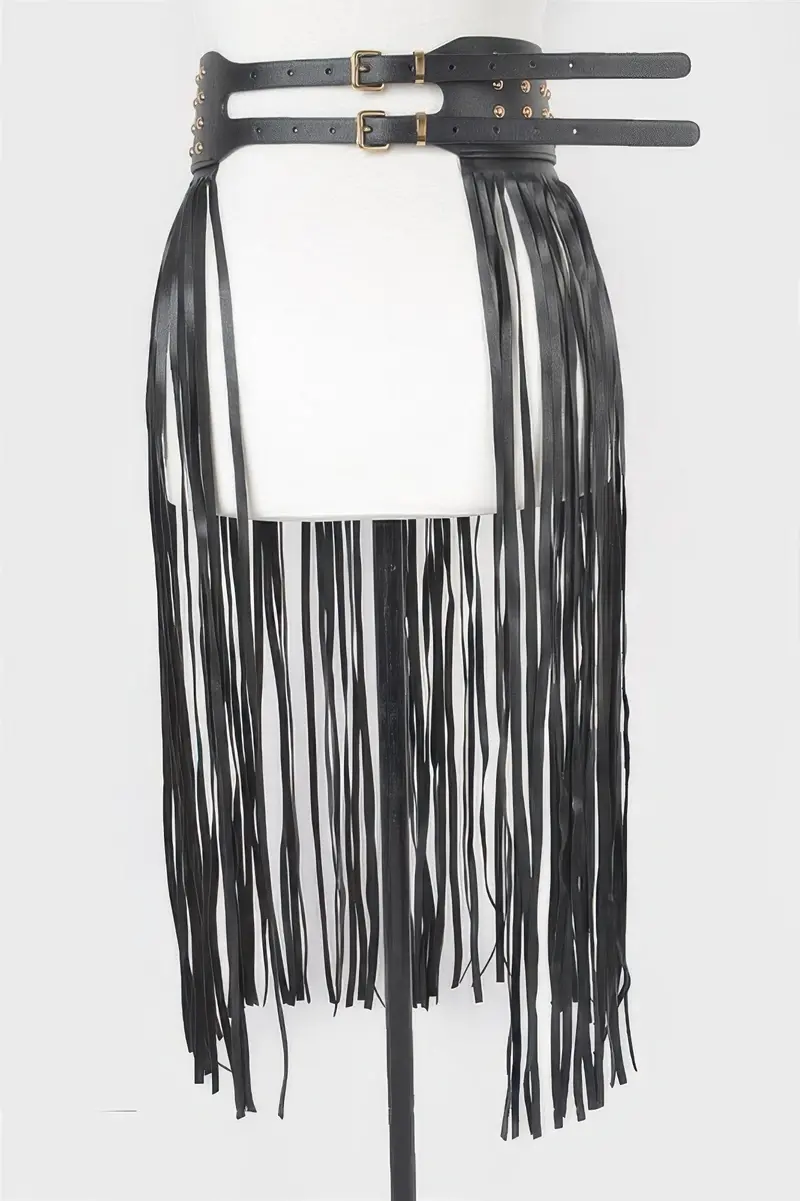 Faux Leather Metal Studded Fringe Belt 1