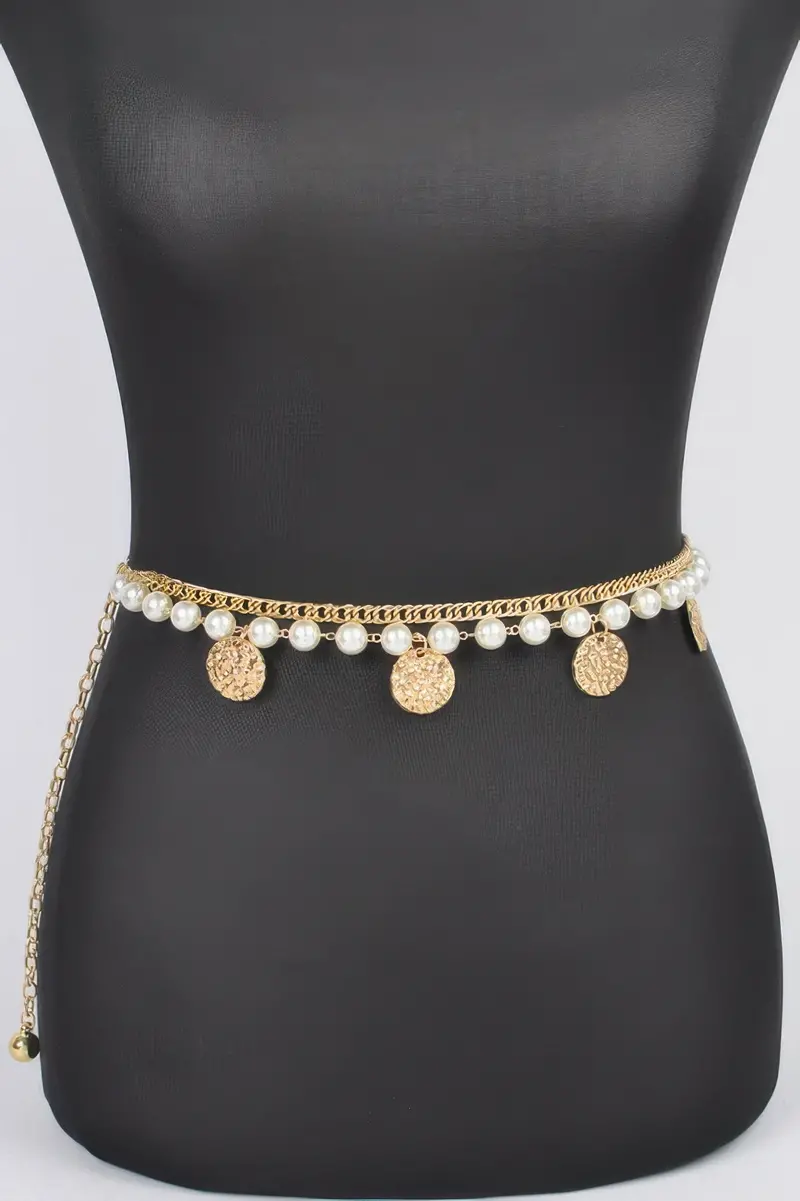 Faux Pearl Round Metal Plus Size Chain Belt 1