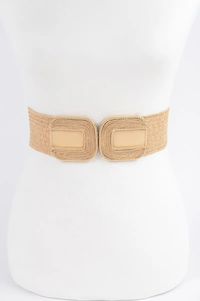 Faux Straw Two Buckles Elastic Belt 1