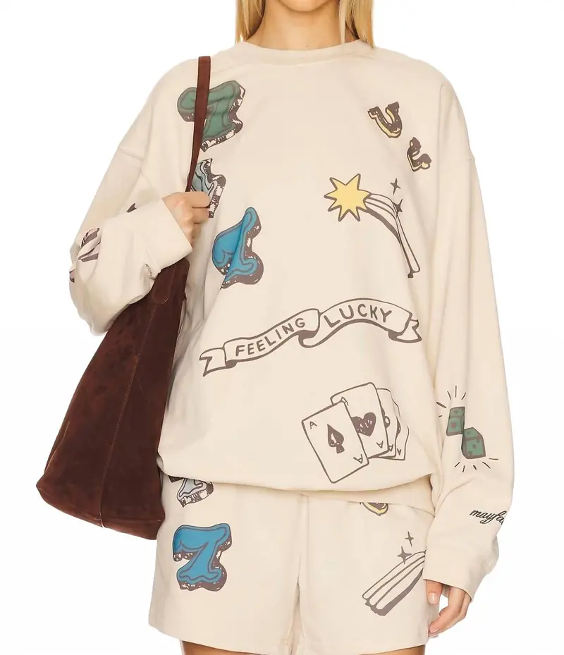 Feeling Lucky Reversible Crewneck Graphic Sweatshirt In Cream 1