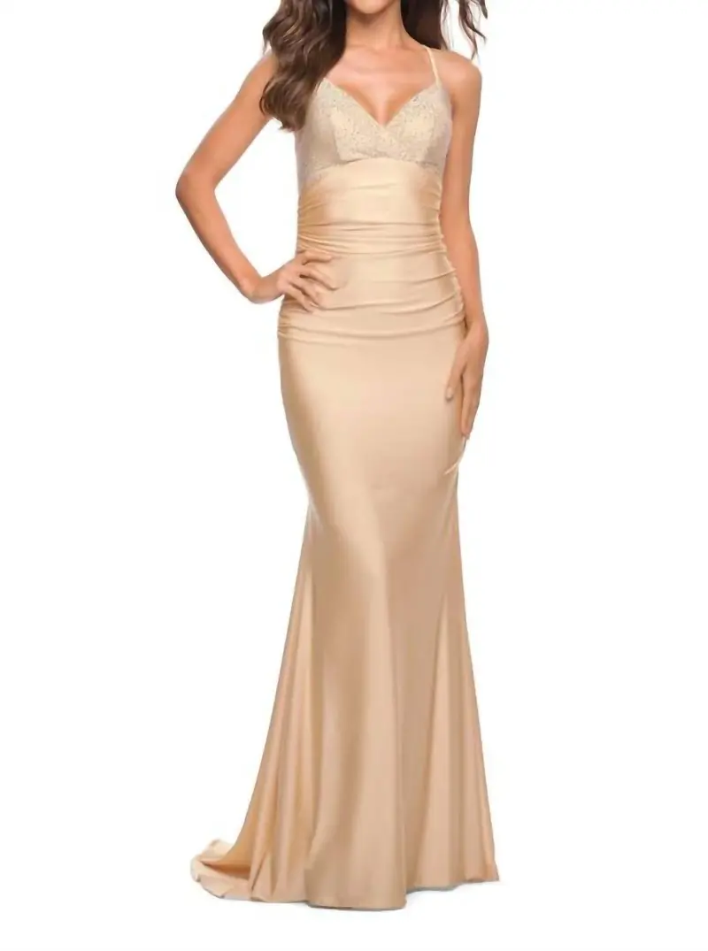 Fitted Long Jersey Prom Gown In Light Gold 1