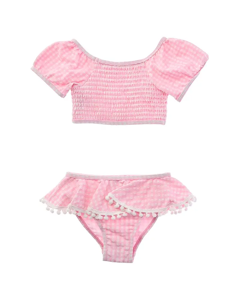 Flap Happy 2Pc Pink Gingham Seersucker Top & Skirted Bikini Bottom Set 1