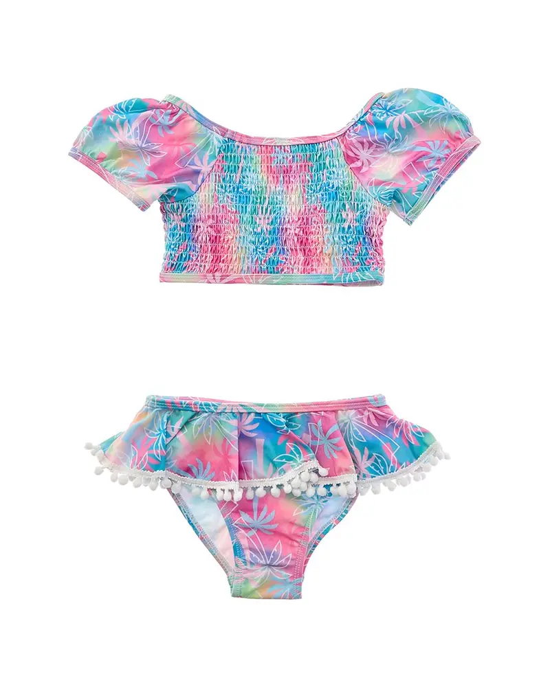 Flap Happy 2Pc Pink Tropical Palms Top & Bikini Bottom Set 1