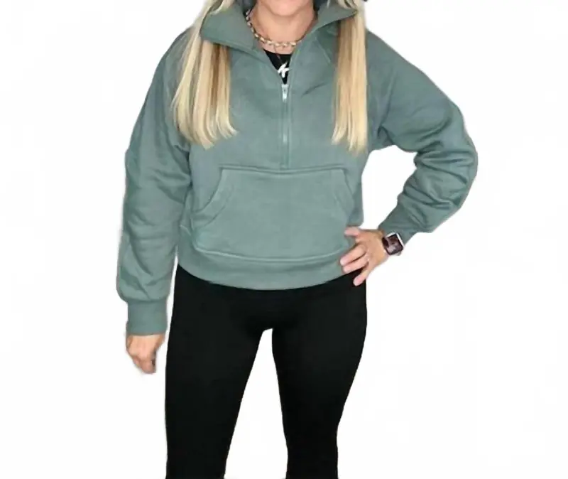 Fleece Half Zip Kangaroo Pocket Sweatshirt Top In Green 1