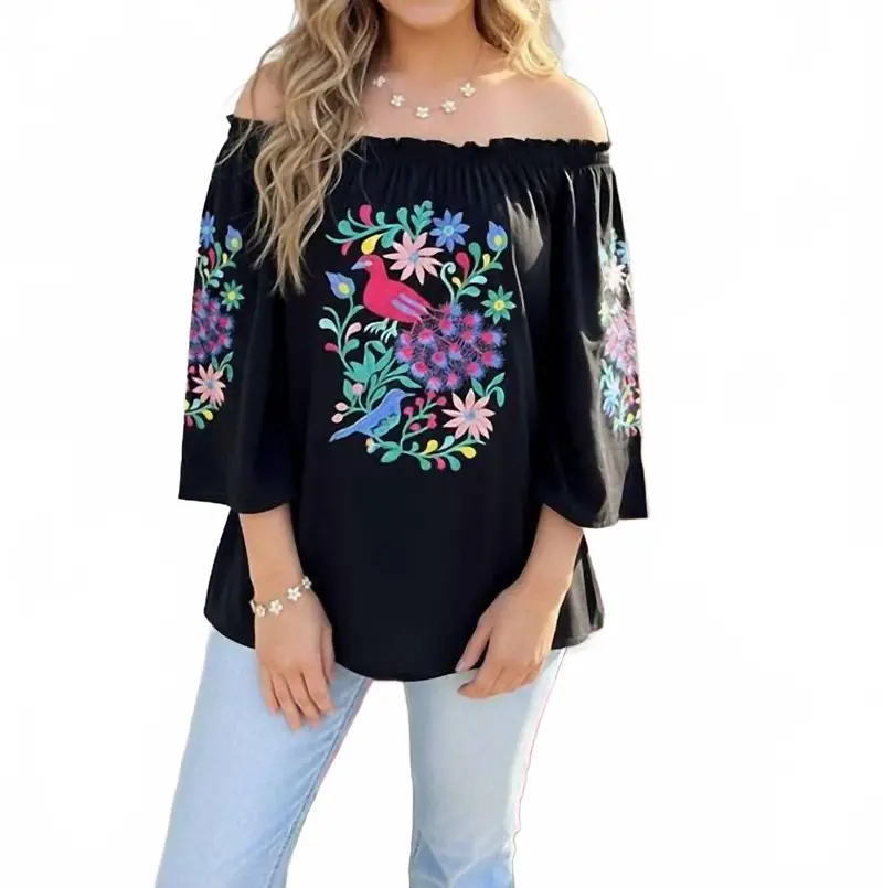 Floral & Bird Embroidered Off-Shoulder Boho Top In Black 1