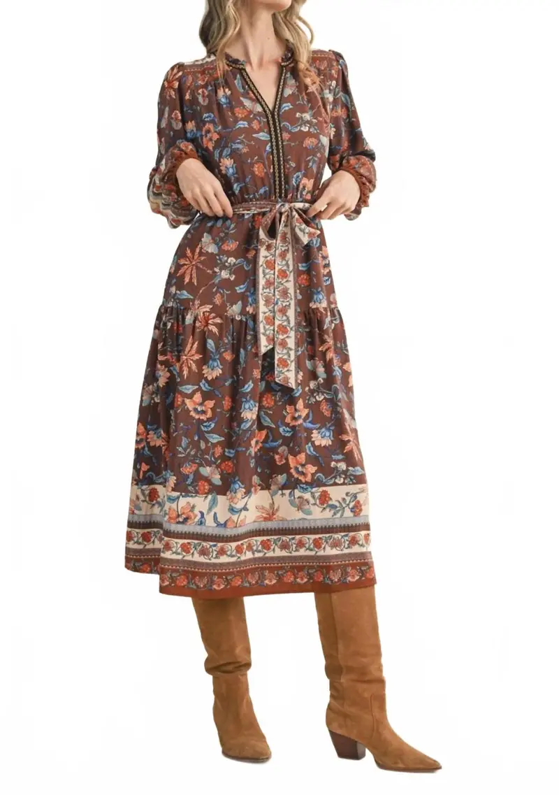 Floral Border Print Belted Midi Dress In Brown Multi 1