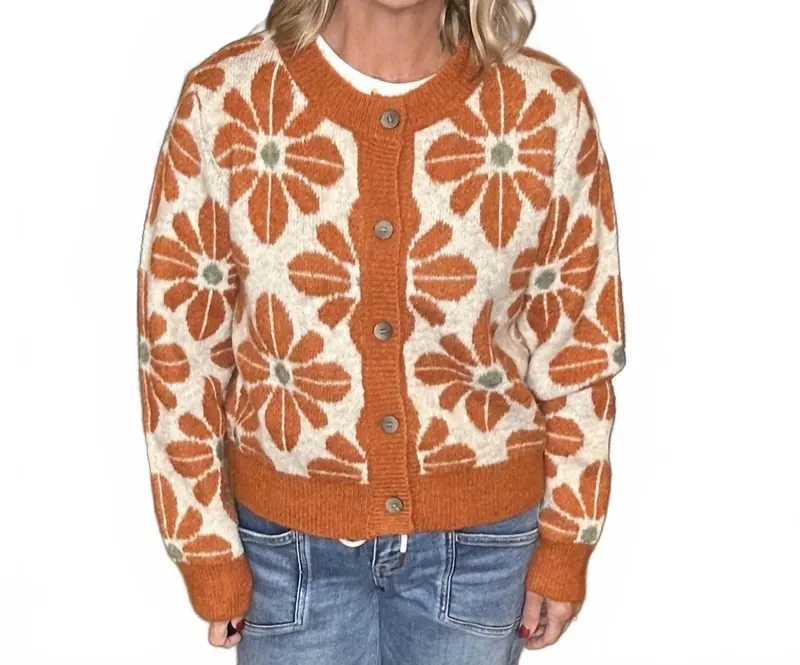 Floral Cardigan Sweater In Rust 1