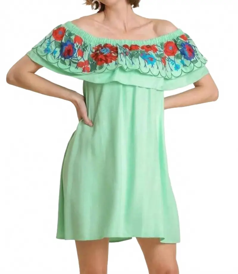 Floral Embroidered Ruffled Dress In Mint 1