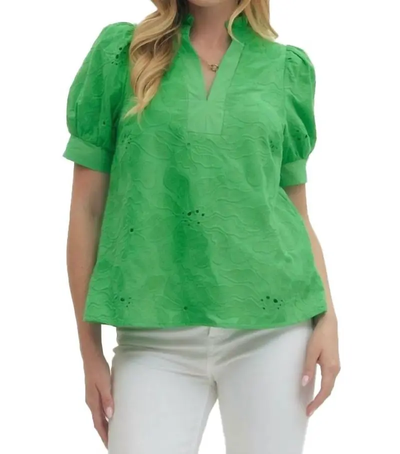 Floral Embroidered V-Neck Puff Sleeve Top In Green 1