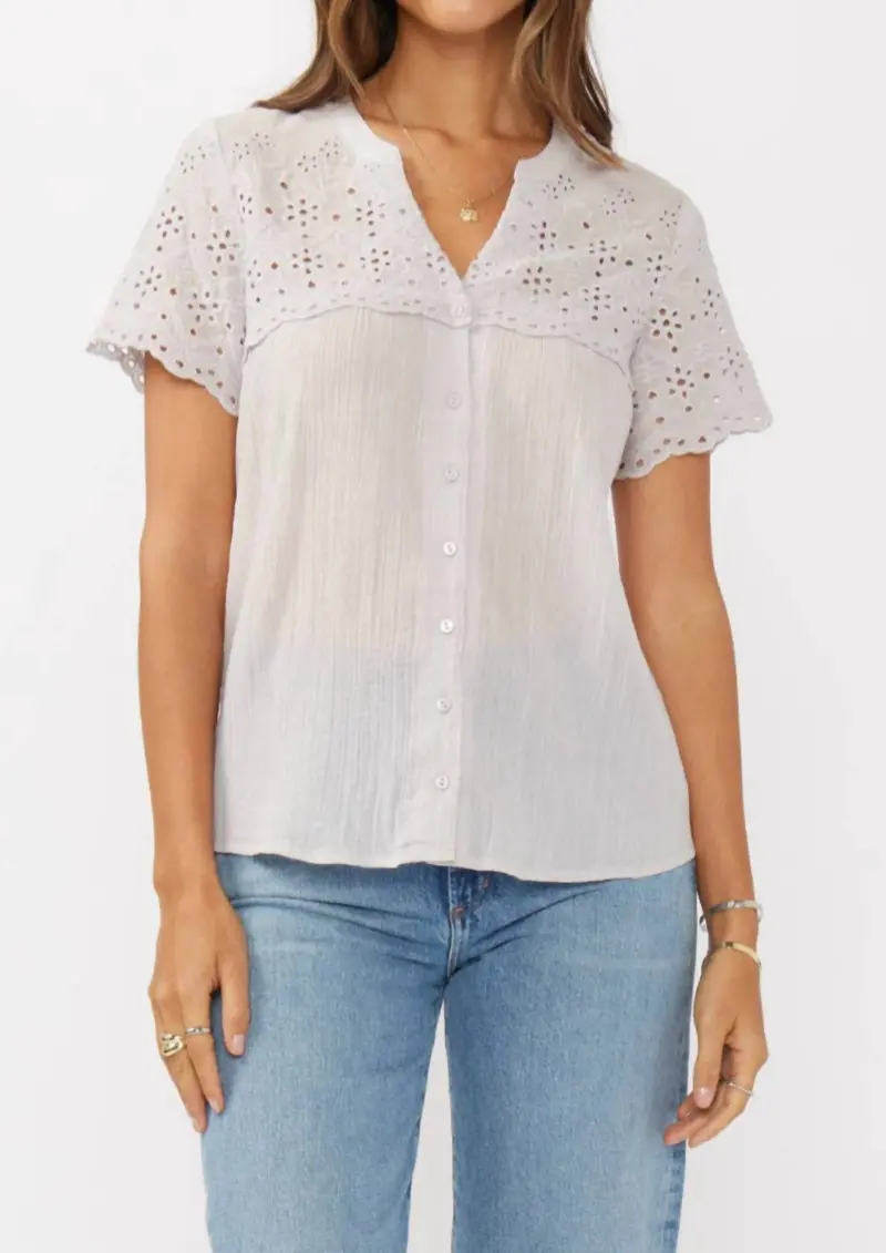 Floral Eyelet Short Sleeve Button Down Blouse In Dove 1