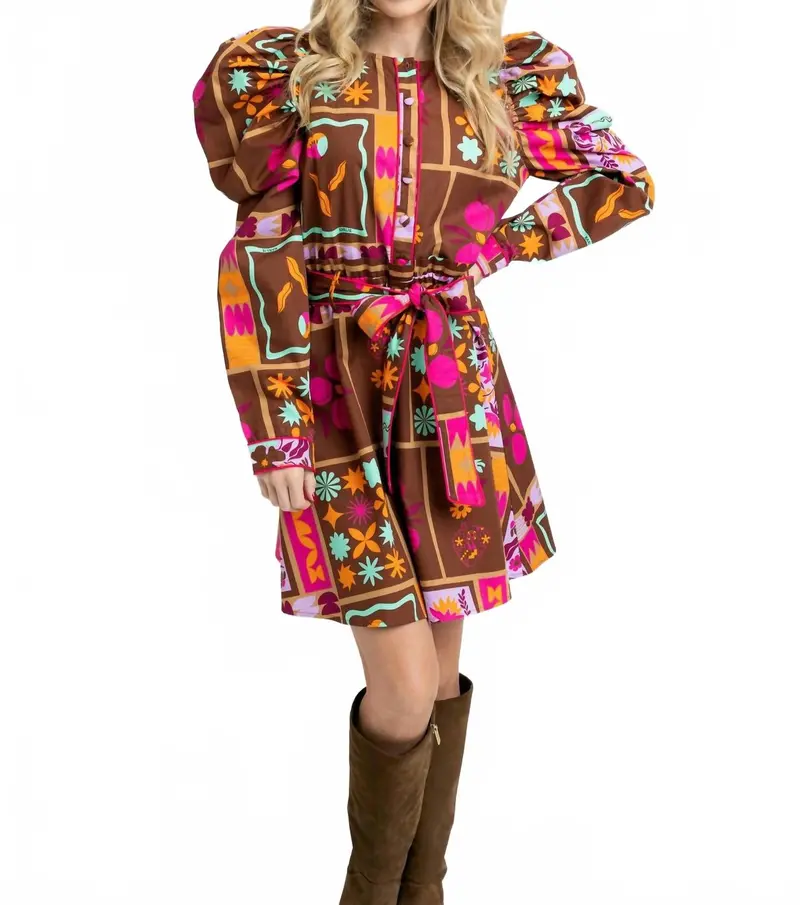 Floral Frame Puff-Sleeve Mini Shirt Dress In Brown 1