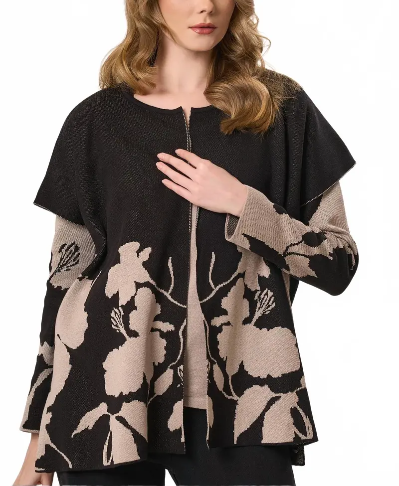 Floral Knit Poncho In Black/Beige 1