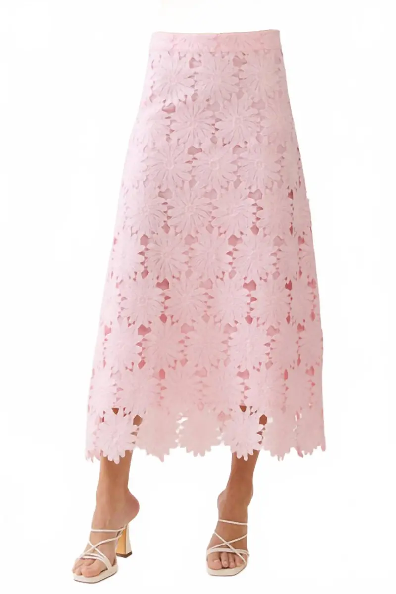 Floral Lace Midi Skirt In Baby Pink 1