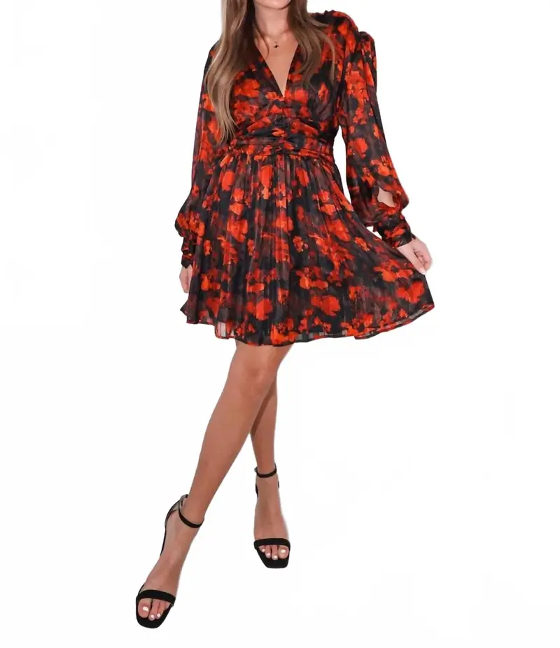 Floral Long Sleeve Mini Dress In Red 1