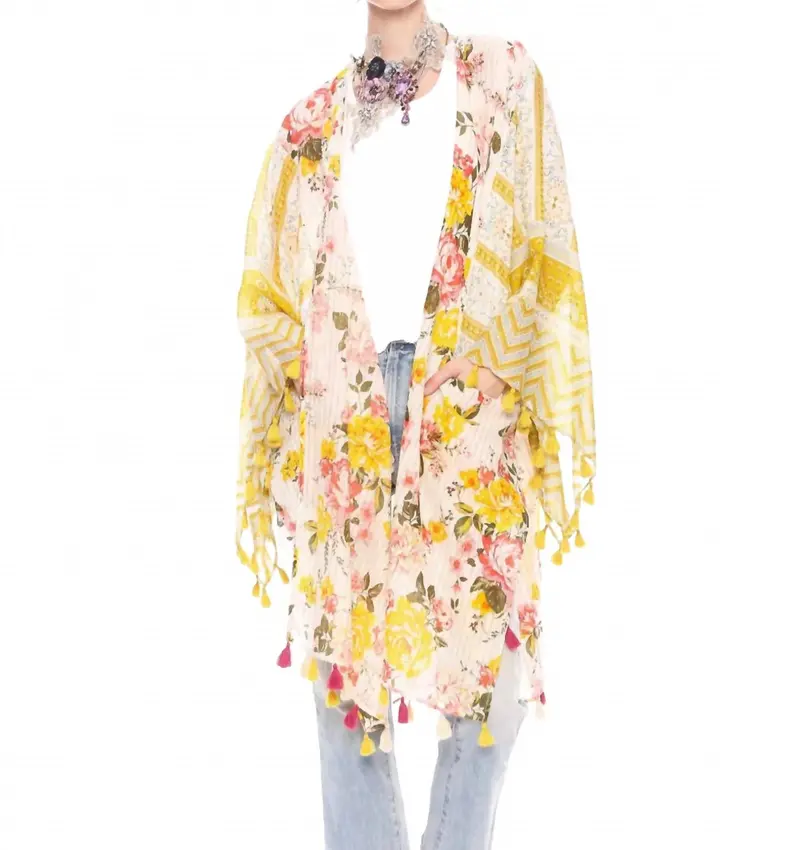 Floral Print Metallic Stipe Kimono In Mustard 1