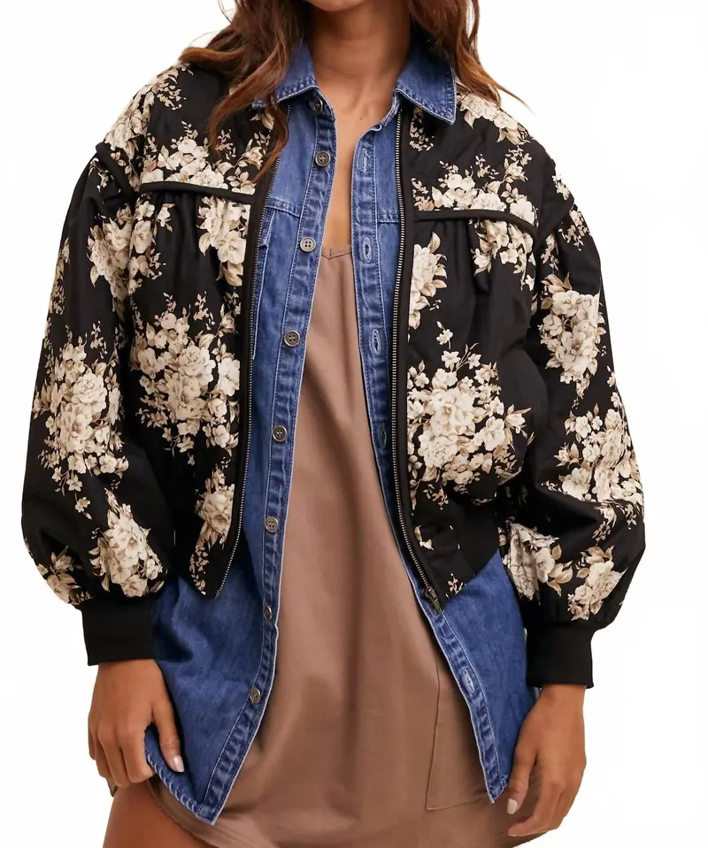 Floral Print Pleated Bomber Jacket In Black 1