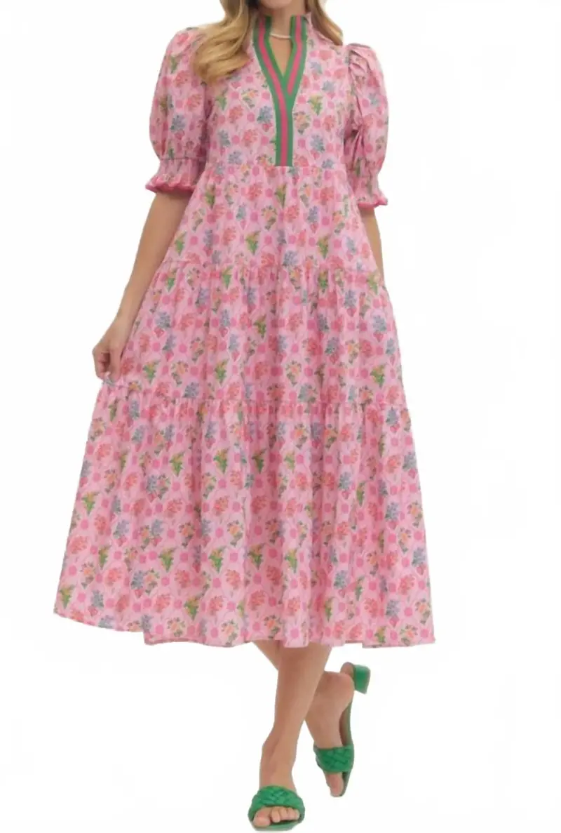 Floral Print Puff Sleeve Midi Dress In Pink Multi 1