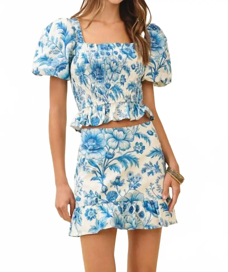 Floral Print Smocked Bodice Puff Sleeves Top And Skirt Set In Azul 1