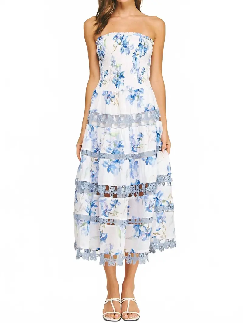 Floral Print Smocked Lace Trim Midi Dress In Blue Multi 1