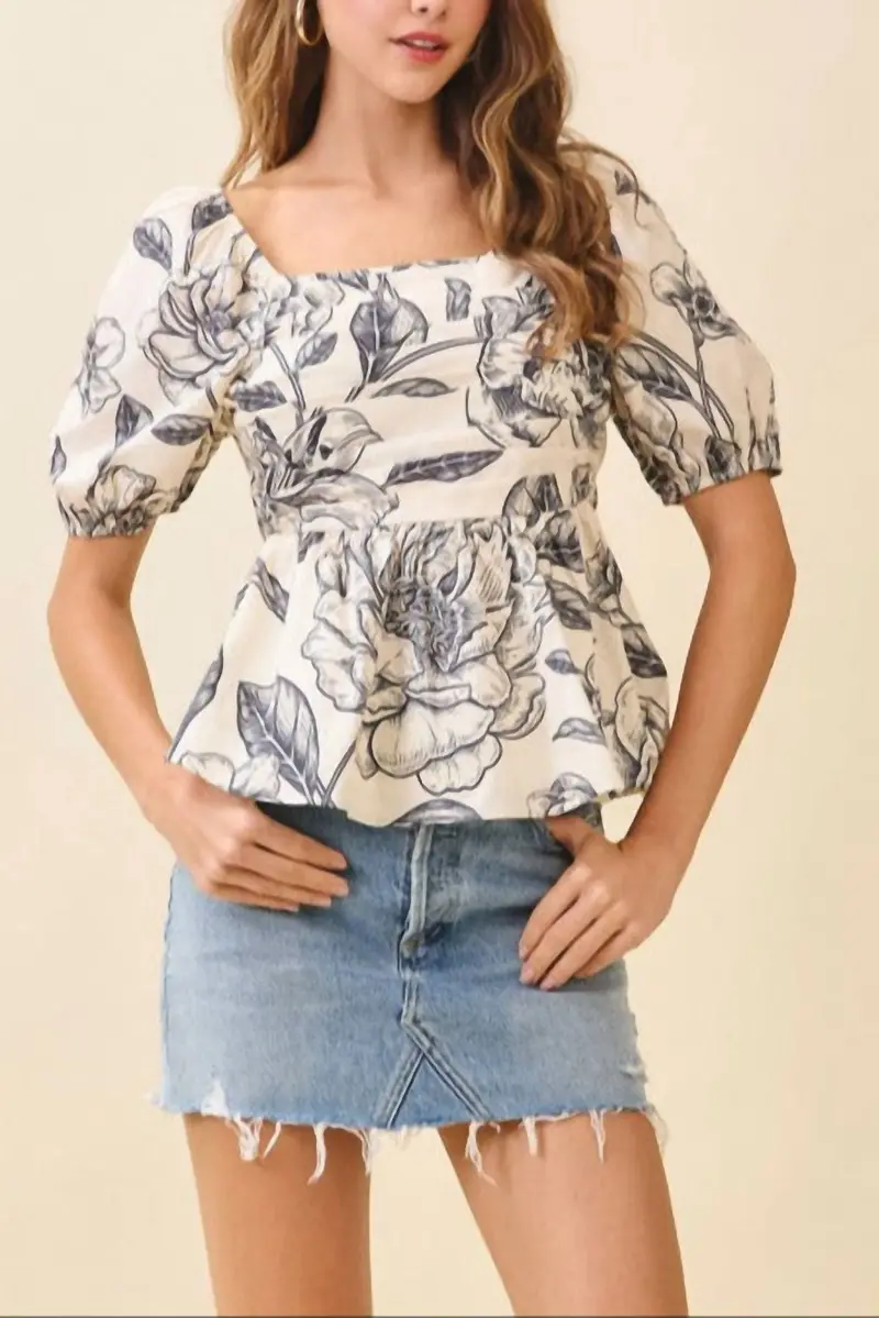 Floral Print Square Neck Ruched Top In Cream 1