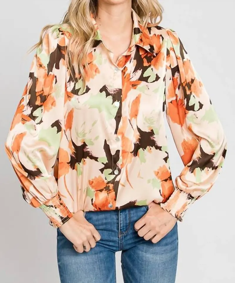 Floral Satin With Smocked Cuffs Shirt In Beige 1