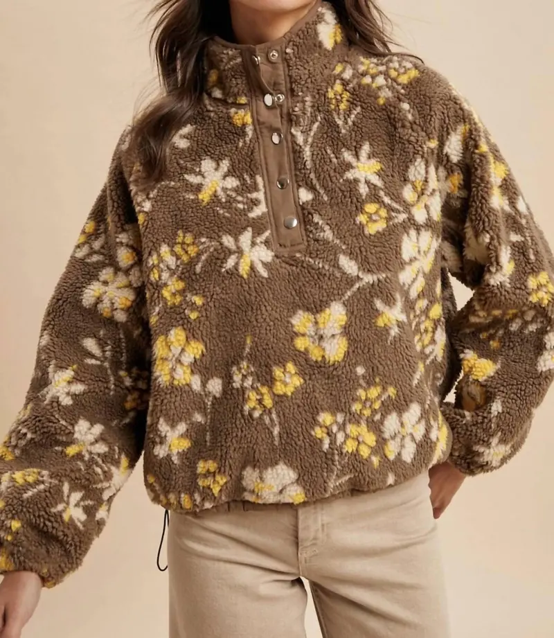 Floral Sherpa Snap Button Pullover In Mocha Mousse 1